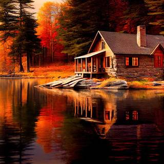 Autumn cabin lake wallpaper