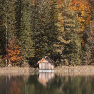 Autumn cabin lake wallpaper