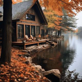 Autumn cabin lake wallpaper