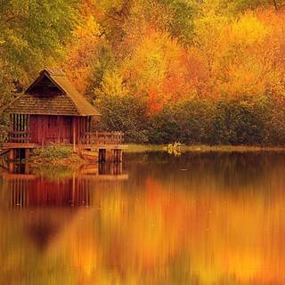 Autumn cabin lake wallpaper