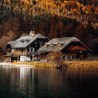 Autumn cabin lake wallpaper