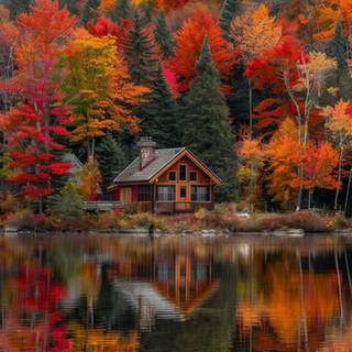 Autumn cabin lake wallpaper