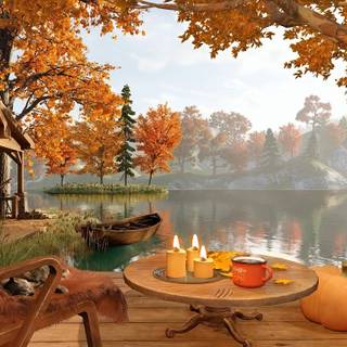 Autumn cabin lake wallpaper