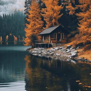 Autumn cabin lake wallpaper