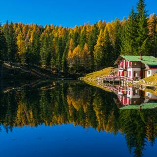 Autumn cabin lake wallpaper