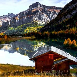 Autumn cabin lake wallpaper