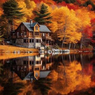 Autumn cabin lake wallpaper