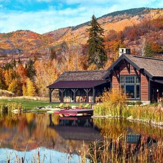 Autumn cabin lake wallpaper