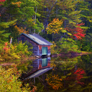 Autumn cabin lake wallpaper