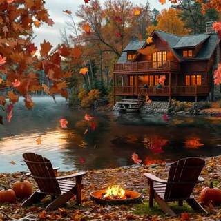 Autumn cabin lake wallpaper