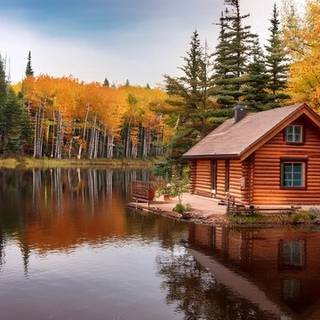 Autumn cabin lake wallpaper