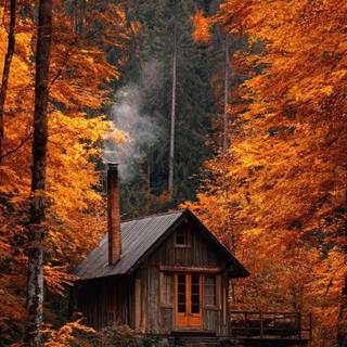 Autumn landscape cabin wallpaper
