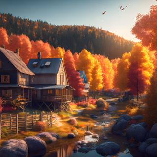 Autumn landscape cabin wallpaper