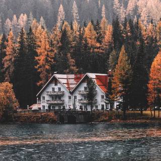 Autumn landscape cabin wallpaper