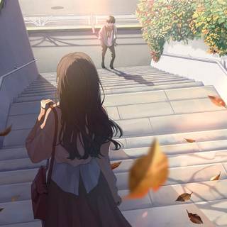 Autumn leaves stairs wallpaper