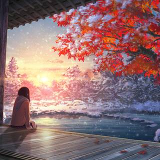 Anime winter trees wallpaper