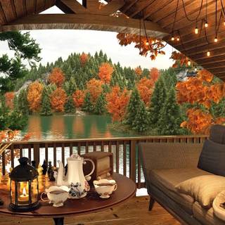 Autumn cabin view wallpaper