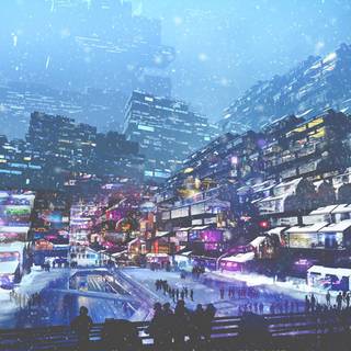 Winter anime futuristic city wallpaper