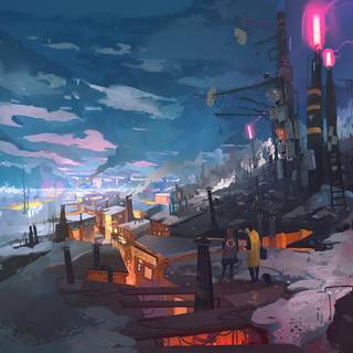 Winter anime futuristic city wallpaper