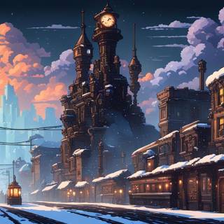 Winter anime futuristic city wallpaper