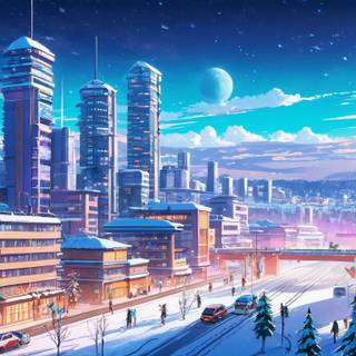Winter anime futuristic city wallpaper