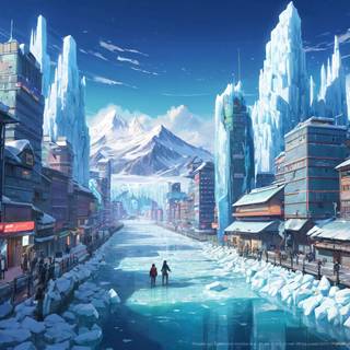 Winter anime futuristic city wallpaper