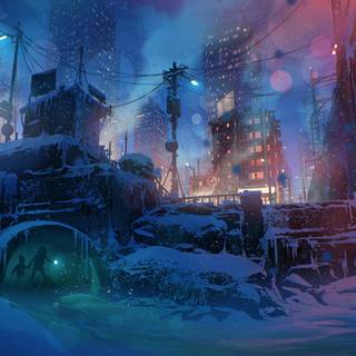 Winter anime futuristic city wallpaper