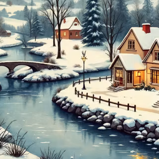 3440x1440 winter village wallpaper