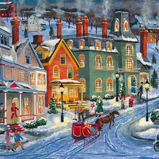 Winter village painting wallpaper
