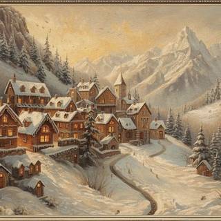 Winter village painting wallpaper