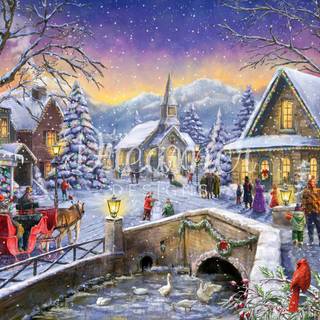 Winter village painting wallpaper