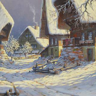 Winter village painting wallpaper