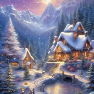 Winter village painting wallpaper