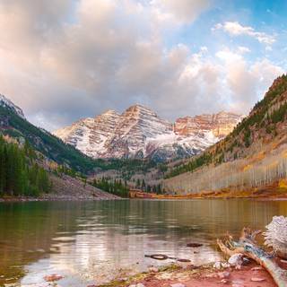 Landscape with mountain, lake and flowers wallpaper