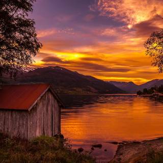 Lake boathouse wallpaper