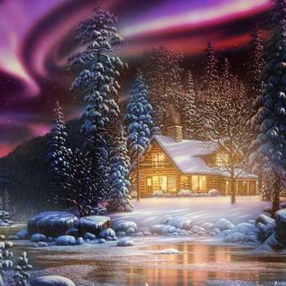 Winter cabin Christmas wallpaper