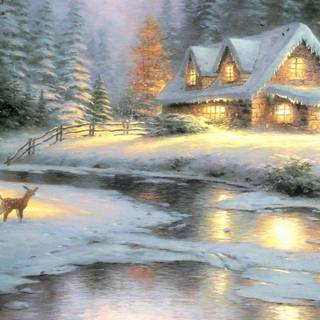 Winter cabin Christmas wallpaper
