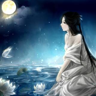 Cool girl and moon anime wallpaper