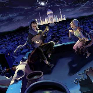 Anime rooftops building night wallpaper