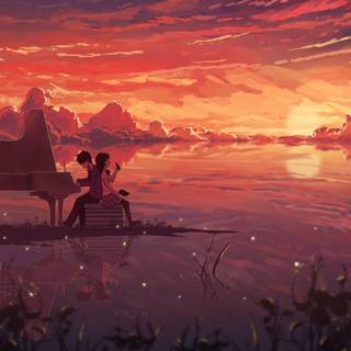 Sunset 4k boy and girl anime wallpaper