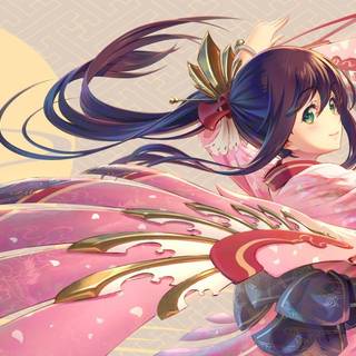Anime girl kimono and weapon wallpaper