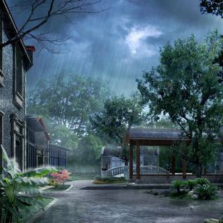 Anime trees and rainy day wallpaper