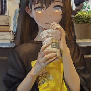 Anime character drinking coffee wallpaper