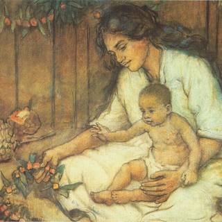 Mother and baby painting wallpaper