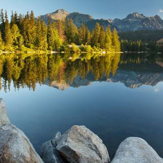 Mountains lake trees reflection stones wallpaper