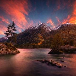 Mountain trees clouds lake wallpaper