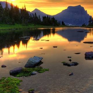 Mountain and lake at sunset wallpaper