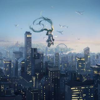 City anime sunset tower wallpaper