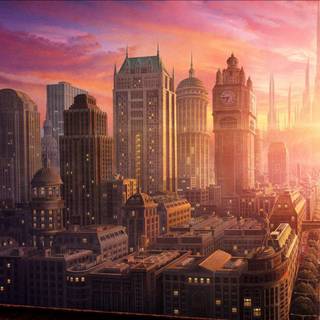 City anime sunset tower wallpaper