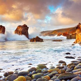 Relief rocks coast clouds HD wallpaper